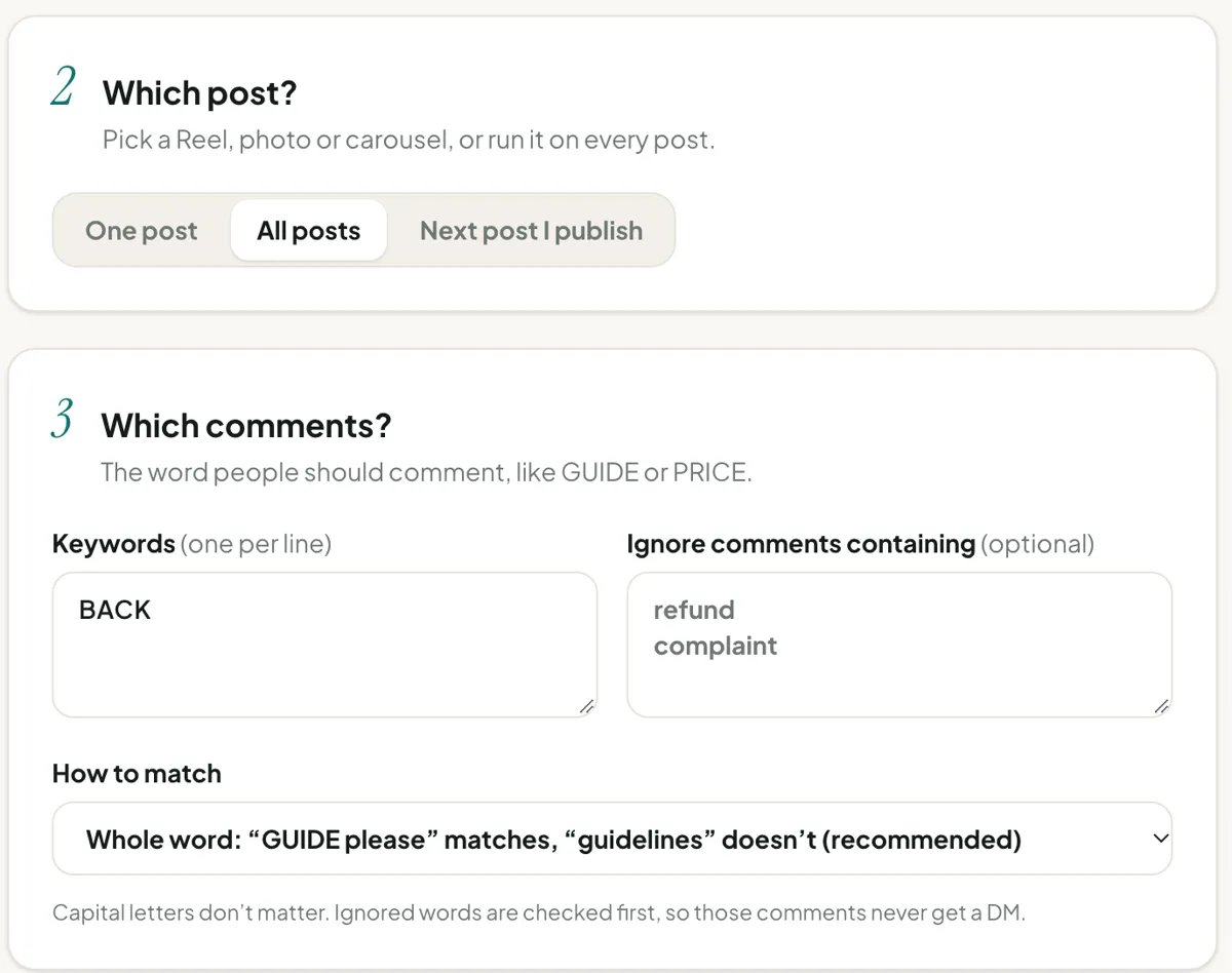 The automation builder: choosing which posts to watch and the keyword BACK, with “refund” and “complaint” ignored